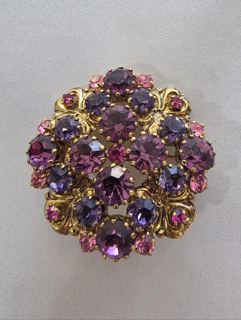 Signed Austria Purple & Fuchsia Glass Rhinestone Dome Brooch • 50s-60s